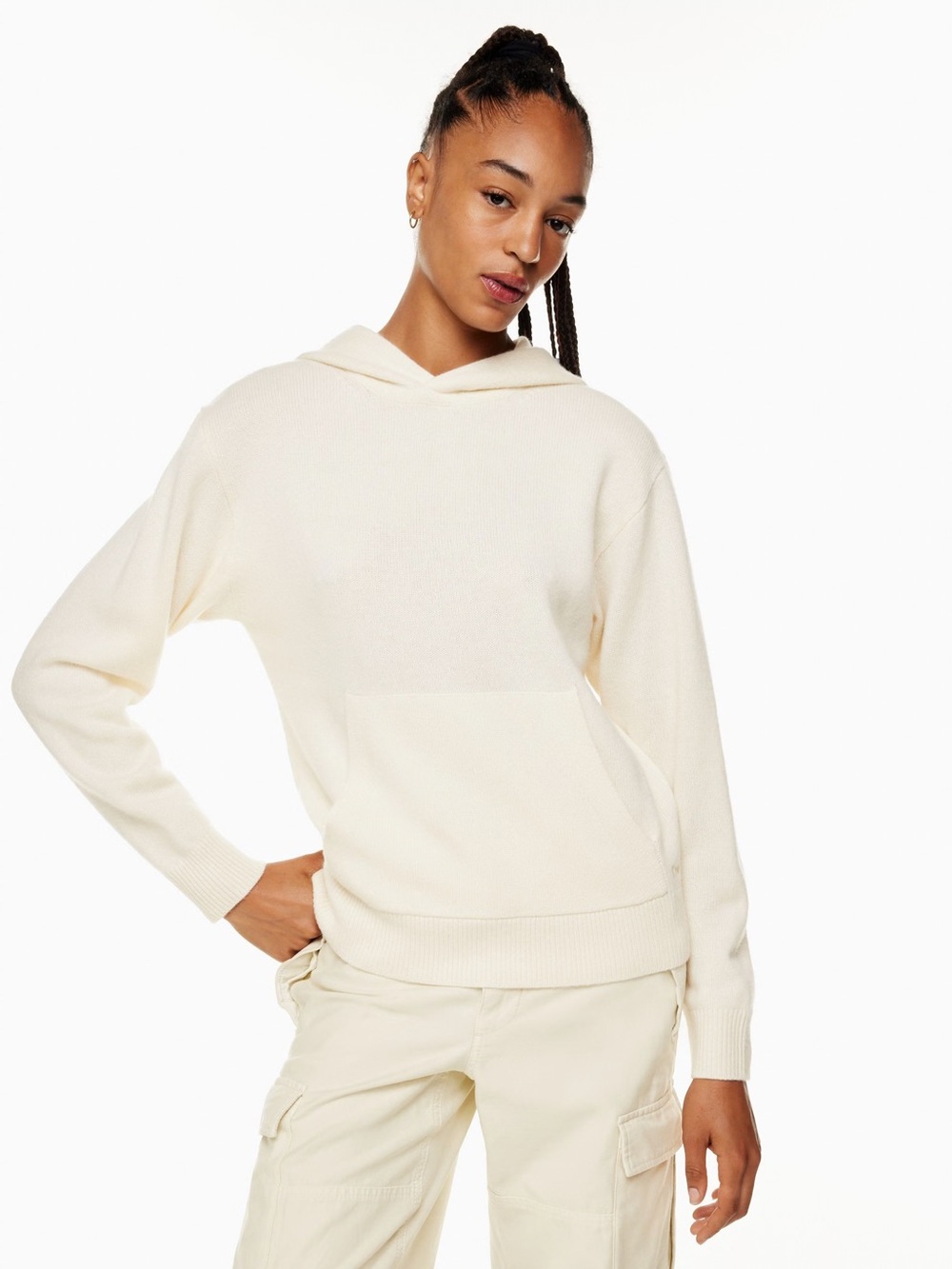 Aritzia TNA Cashwool Boyfriend Hooded Soft Knit Sweater sz XL Bone Loungewear
